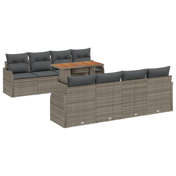 Ensemble de canapé de jardin 9 pièces avec coussins en poly-rattan gris
