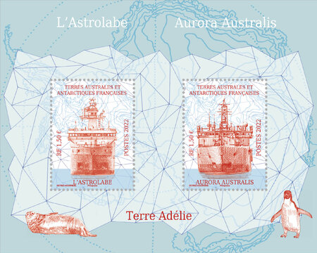 Bloc 2 timbres TAAF - L'Astrolabe et l'Aurora Australis