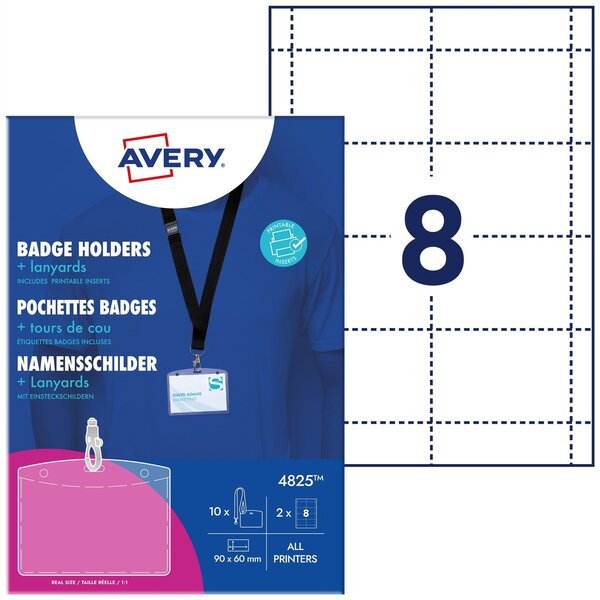 Boîte de 10 pochettes badges 60 x 90 mm avec 16 inserts et lacets AVERY