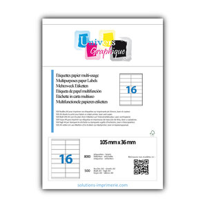 Lot de 500 planches a4 de 16 étiquettes à bords vifs 105 x 36 mm en papier blanc 70g/m² multifonction