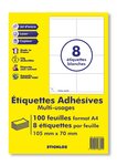 100 planches a4 - 8 étiquettes 105 mm x 70 mm autocollantes blanche par planche pour tous types imprimantes - jet d'encre/laser/photocopieuse