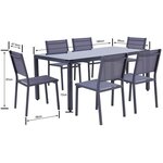 Ensemble repas de jardin 6 personnes Aluminium - Table avec plateau en verre 180 x 90 cm + 6 chaises et assise textilene -  Gris