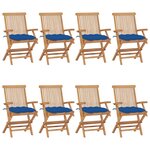 vidaXL Chaises de jardin avec coussins bleu lot de 8 Bois teck massif
