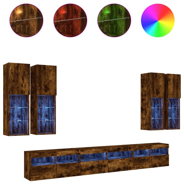 vidaXL Ensemble de meubles TV muraux 7 Pièces et lumières LED chêne fumé