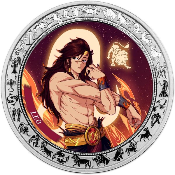 Pièce de monnaie en Argent 5 Cedis g 31.1 (1 oz) Millésime 2025 Anime Zodiac LEO (PRÉCOMMANDE)