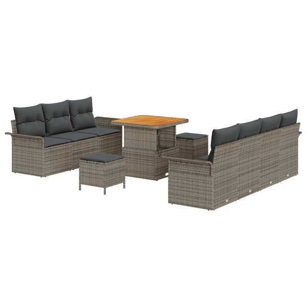 Ensemble de Canapé de Jardin de 10 Pièces avec Coussins Gris Poly Rattan Acacia