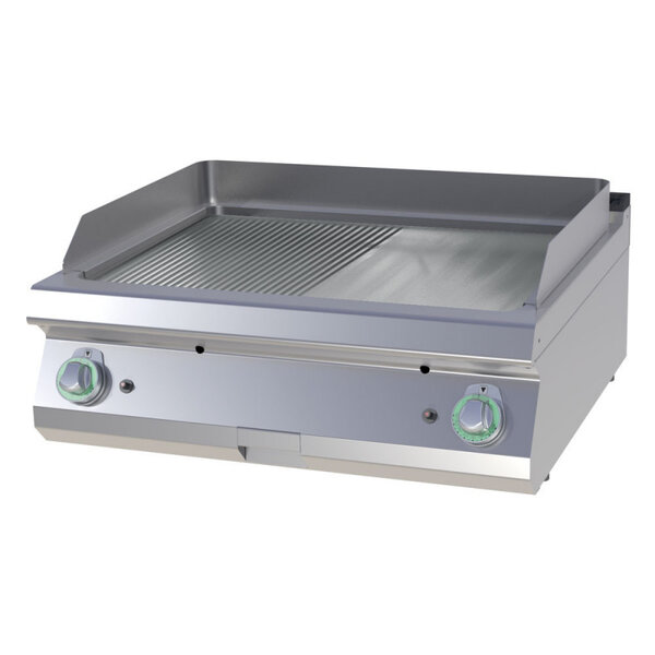 Plancha gaz double plaque de cuisson 1/2 lisse 1/2 rainurée - 14 kw -  - chromé 800x730x300mm