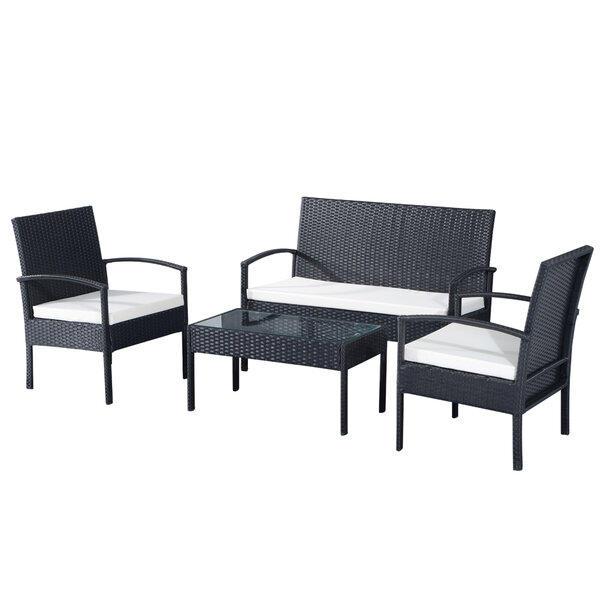 Outsunny Ensemble salon de jardin 4 places : canapé  2 fauteuils et table basse plateau verre trempé résine tressée 4 fils  imitation rotin noir coussins blanc