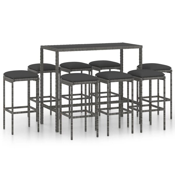 vidaXL Ensemble de bar de jardin 9 Pièces et coussins Résine tressée Gris