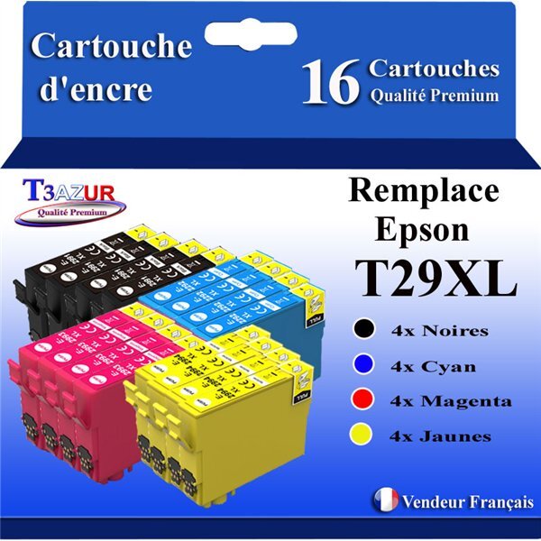 T3AZUR - 16x Cartouches compatibles avec Epson Expression Home XP-235  XP-245  XP-247  XP-255  XP-257  XP-332  XP-335  XP-342  XP-345  XP-352  XP-355  XP-432  XP-435  XP-442  XP-445  XP-452  XP-455  T29XL