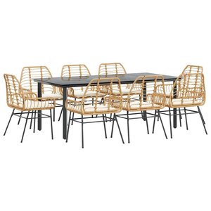 vidaXL Ensemble à manger jardin coussins 9Pièces marron poly rotin verre