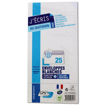 25 enveloppes blanches - 110x220 mm - 90g - GPV