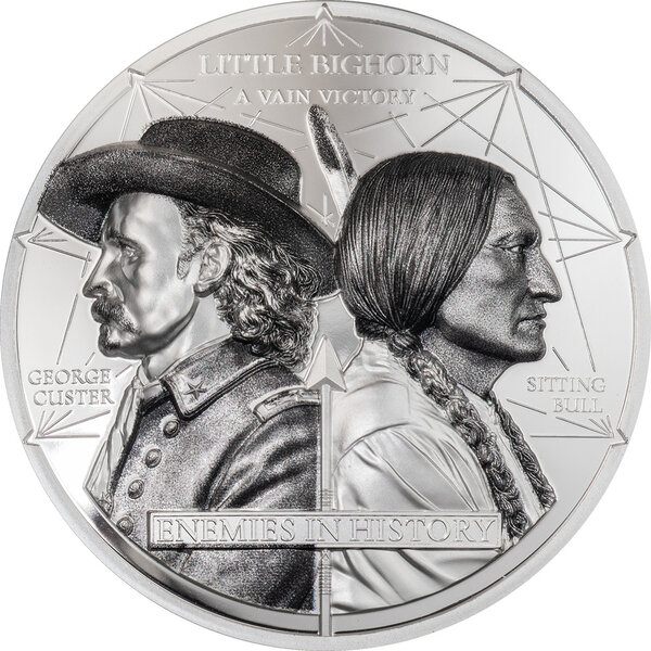 Monnaie CUSTER VS SITTING BULL Enemies in History 2 Oz Argent 1000 Togorog Mongolia 2026 (PRÉCOMMANDE)
