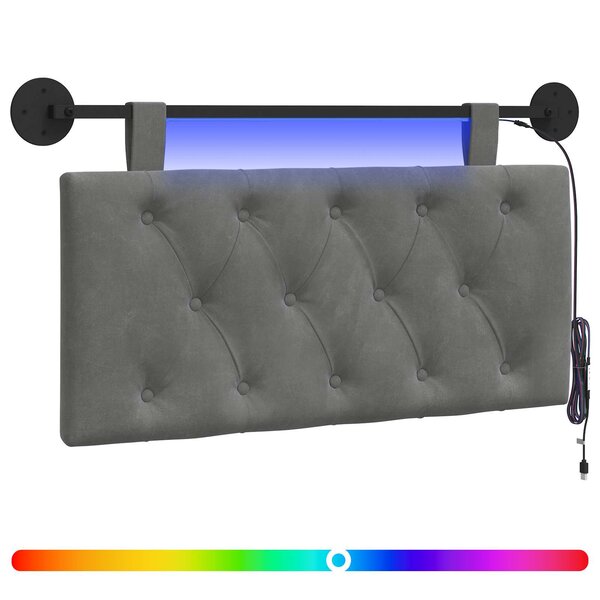 vidaXL Tête de lit suspendue Avec lumière LED Gris foncé Velours