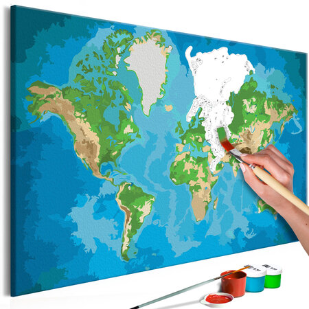 Tableau à peindre par soi-même - carte du monde (bleue-verte) l x h en cm 60x40