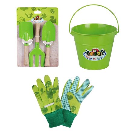 Kit petit jardinier accessoires pour enfant en métal seau + gants + petits outils