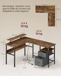 Bureau en l avec multiprise bureau d’angle bureau informatique avec rehausseur d’écran bureau gaming led 2 tiroirs 2 ports USB facile à monter pour bureau marron 12_0004626