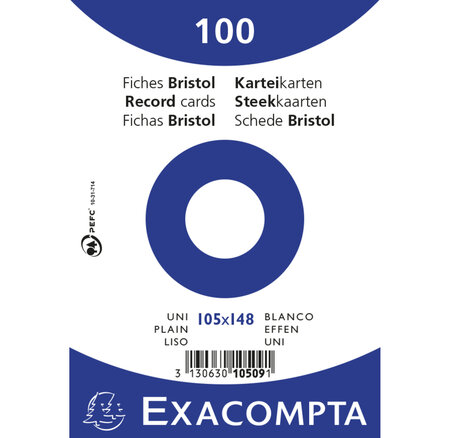 Paquet 100 Fiches Sous Film - Bristol Uni Non Perforé - 105x148mm - Blanc - X 20 - Exacompta