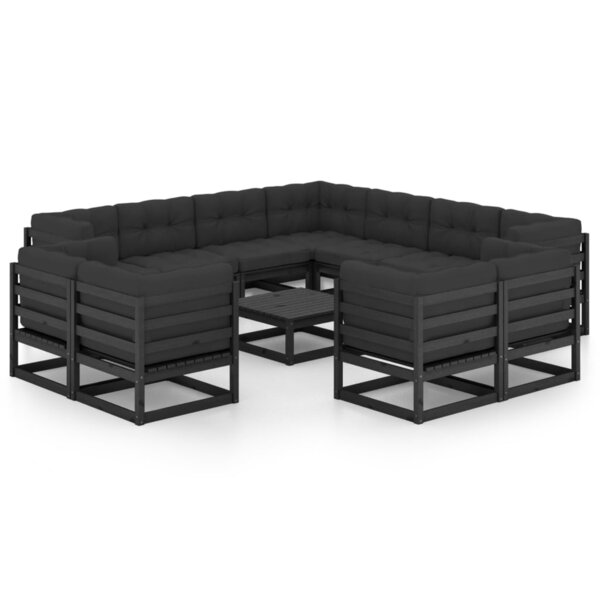 vidaXL Salon de jardin 12 Pièces avec coussins Noir Bois de pin massif