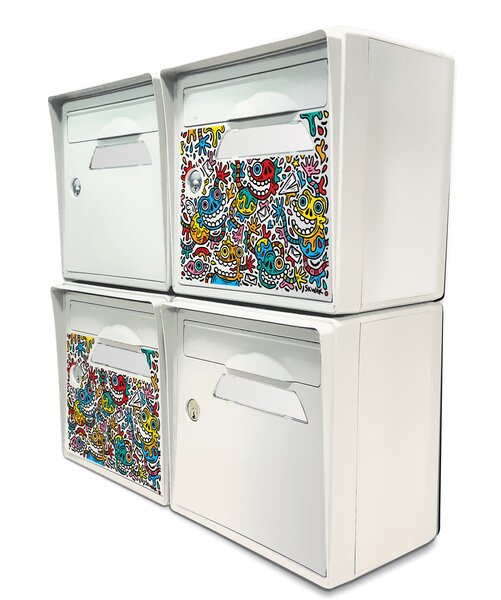 Pack de 4 boîtes aux lettres murales - 2x "The Maniac World" SKWAK - 2x "Blanc ivoire"