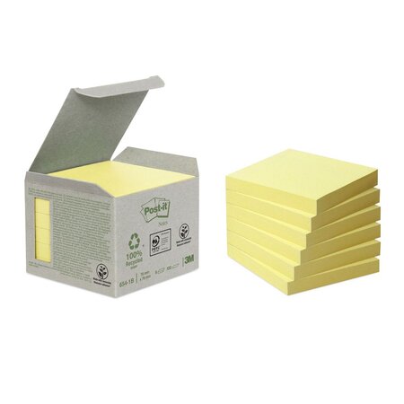 Notes adhésives en mini tour, 100 feuilles, papier recyclé, jaune, 76 x 76 mm (paquet 6 blocs)