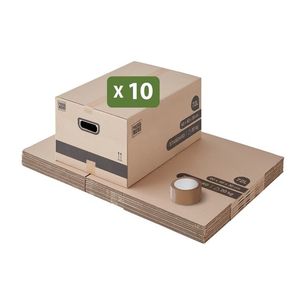Pack and Move - Lot 10 Cartons Déménagement Stockage M -  60 x 40 x 30 cm - Poignées renforcées -  1 adhésif offert