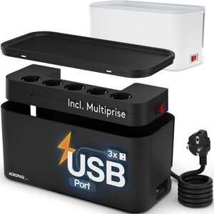 ACROPAQ Boite Cache Cable - 5 Prises  3 USB A  Range Cable avec Cache Multiprise  Boîtier de Rangement avec Cache Prise Electrique