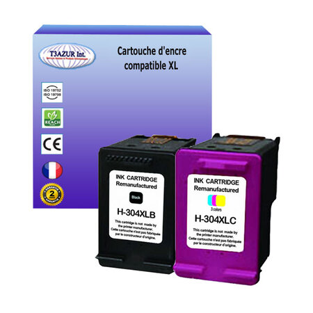 T3azur - 1+1 cartouches d'encre compatibles remplace hp 304 304xl noir+couleur pour hp deskjet 3762  3764  ink advantage 3700mfp