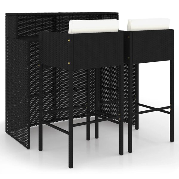 vidaXL Ensemble de bar de jardin 3 Pièces et coussins Résine tressée Noir