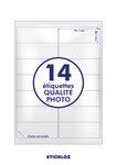 25 Planches A4 - 14 étiquettes photo 99,1 mm X 38,1 mm autocollantes brillantes par planche qualité photo