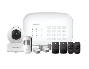 DAEWOO Système d'alarme connecté WiFi/GSM Modèle Initial avec sirène et Batterie intégrées, RFID, livré avec 7 Accessoires, 1 Caméra intérieur DAEWOO IP501 Full HD, Application Gratuite