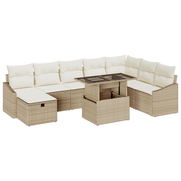 vidaXL Ensemble de Canapés de Jardin 9 Pièces avec Coussins Beige Poly Rattan