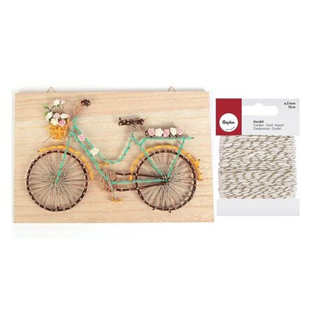 Cadre bois String art 30 x 20 cm Bicyclette + Ficelle dorée & blanche