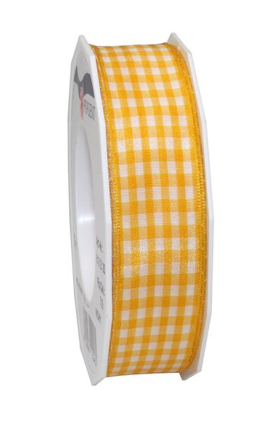 Ruban textile carreau de vichy 20-m-rouleau 25 mm mit draht jaune soleil/blanc