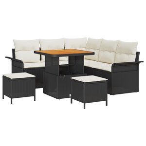 Ensemble de Canapés de Jardin 8 Pièces avec Coussins Noir Poly Rotin Acacia