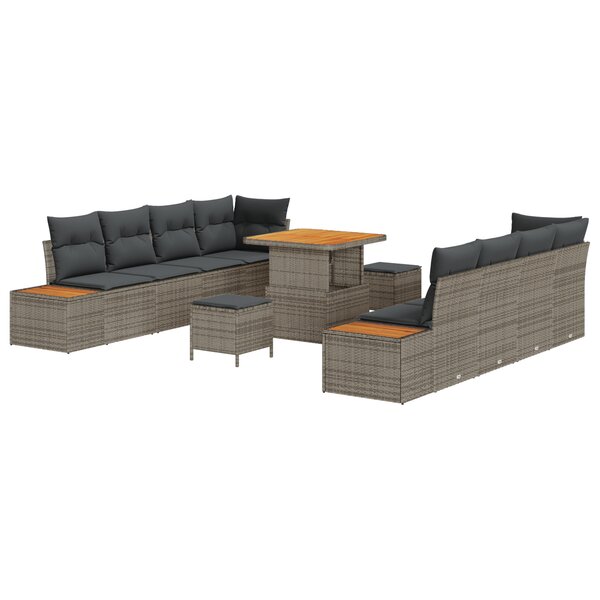 Set de Canapé de Jardin 11 Pièces avec Coussins Gris Rattan Poly Acacia