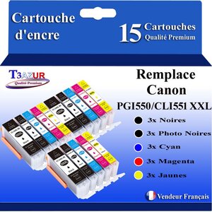 T3AZUR - 15x Cartouches compatibles avec Canon PGI-550 CLI-551 XL pour Canon Pixma IP7200 IP7250 IP8700 IP8750 IX6800 IX6850