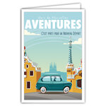 Carte Départ Vers Nouvelles Aventures avec Enveloppe  Affichette Mini Posters Format 17x11 5cm  Retraite Déménagement Changement Vie Voyage Barcelone Espagne Voiture Rétro Vintage Bleu