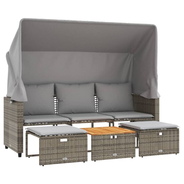 vidaXL Canapé de jardin 3 places avec auvent et tabourets gris rotin