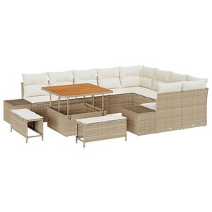 vidaXL Canapé de jardin 12 pièces avec coussins beige en rotin poly et acacia.