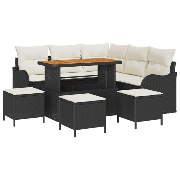 Ensemble de canapé de jardin 9 pièces avec coussins en polyester noir poly rotin acacia