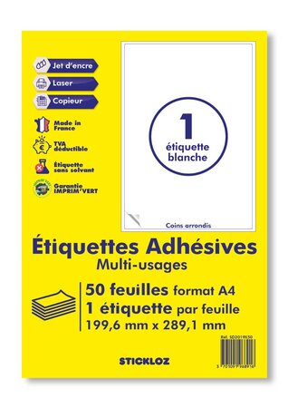 50 planches a4 - 1 étiquette 199,6 mm x 289,1 mm autocollantes blanche par planche pour tous types imprimantes - jet d'encre/laser/photocopieuse