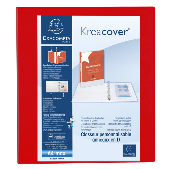 Classeur pp personnalisable kreacover - 4 anneaux en d 50mm - a4 maxi - rouge - x 10 - exacompta
