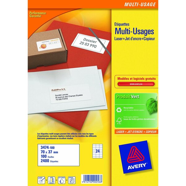 Boite de 2400 étiquettes blanches multi usages 70x37mm pour laser. Jet d'encr... Avery zweckform