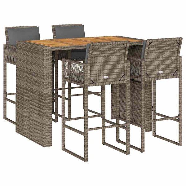 vidaXL Ensemble de bar de jardin 5 Pièces avec coussins gris poly rotin
