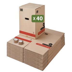 Pack and Move - Lot 40 Cartons Déménagement Premium - 40 X 40 X 60 Cm - Résistance 30 KG - Double Épaisseur - Poignées Renforcées - 2 Adhésifs Offerts