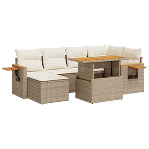 vidaXL Salon de jardin avec coussins 7 Pièces beige résine tressée acacia