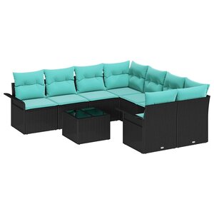 vidaXL Ensemble de canapé de jardin avec coussin 9 Pièces Noir polyrotin