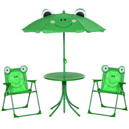 Ensemble salon de jardin enfant 4 Pièces design grenouille - table ronde + 2 chaises pliables + parasol - métal époxy oxford vert