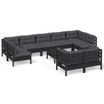 vidaXL Salon de jardin 10 Pièces avec coussins Noir Bois de pin massif
